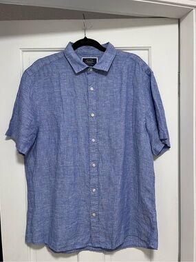 NWOT Charles Tyrwhitt Blue Pure Linen Short Sleeve Shirt Slim Fit Large